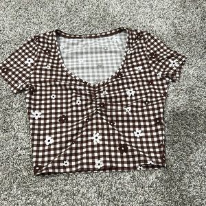 Brown and white checkered with flowers, low neck, cropped, tight